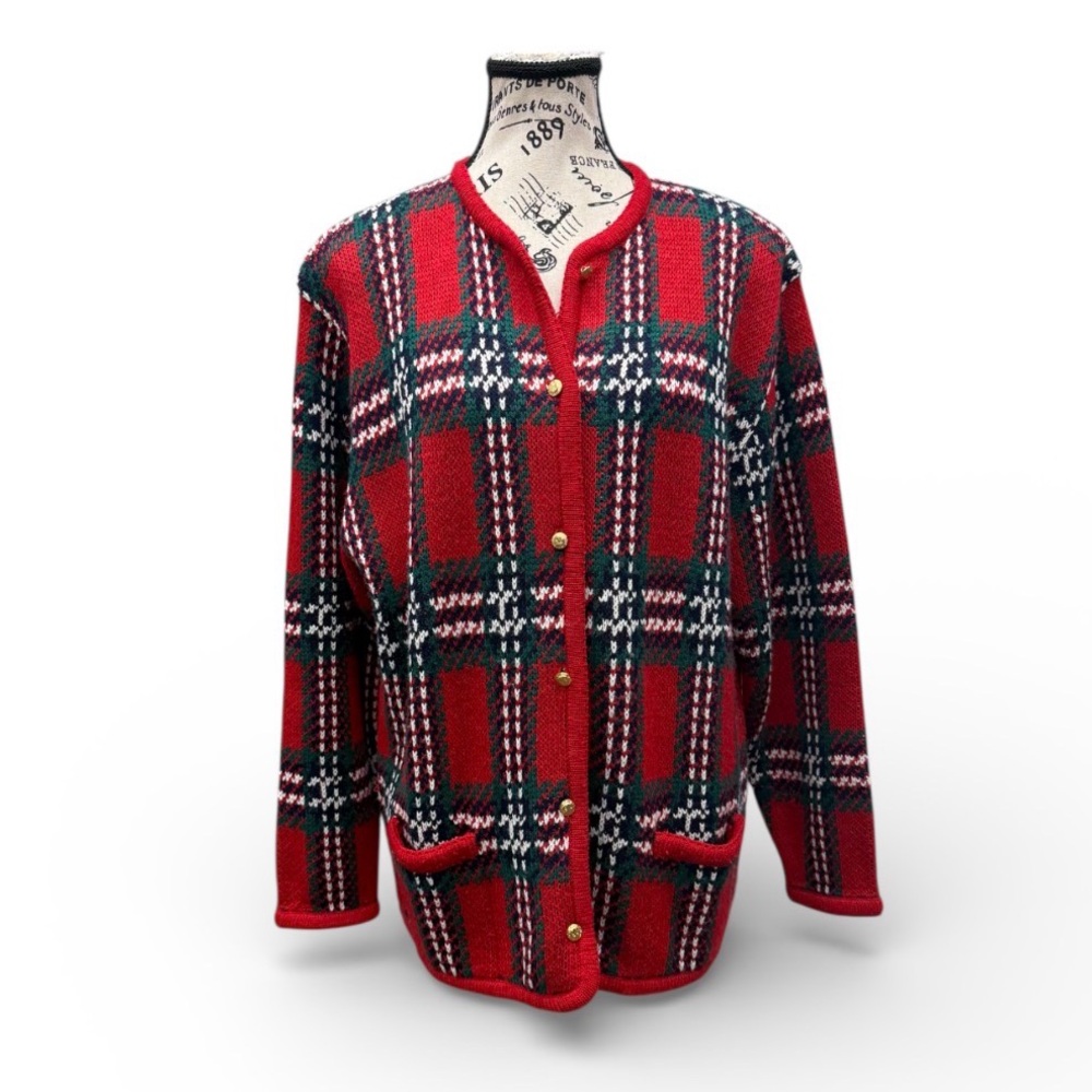 Vintage Red Plaid Cardigan Sweater Gold Buttons Tartan Boho Retro Size XL